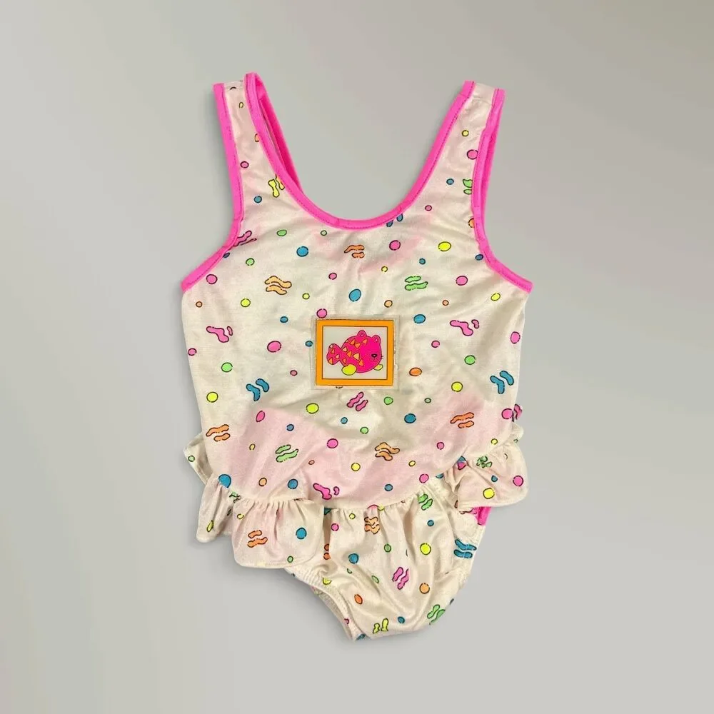 Carter's Baby Girls Ruffle One Piece Swimsuit Fish Pink Confetti Beach Size 3T